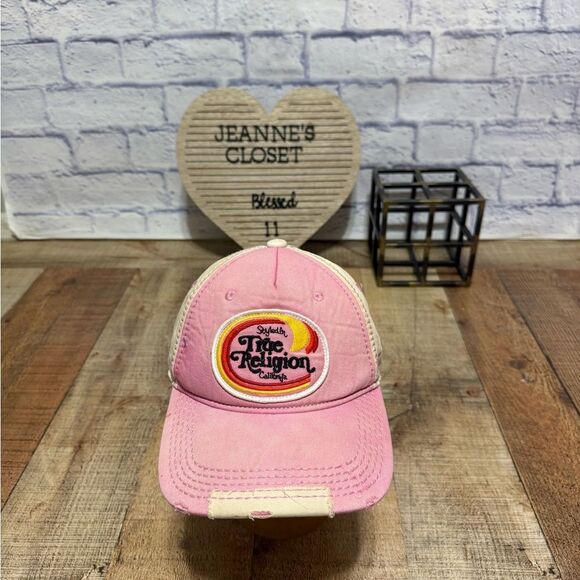 True Religion Distressed Style Strapback Trucker Baseball Cap Hat Tan pink main image 5